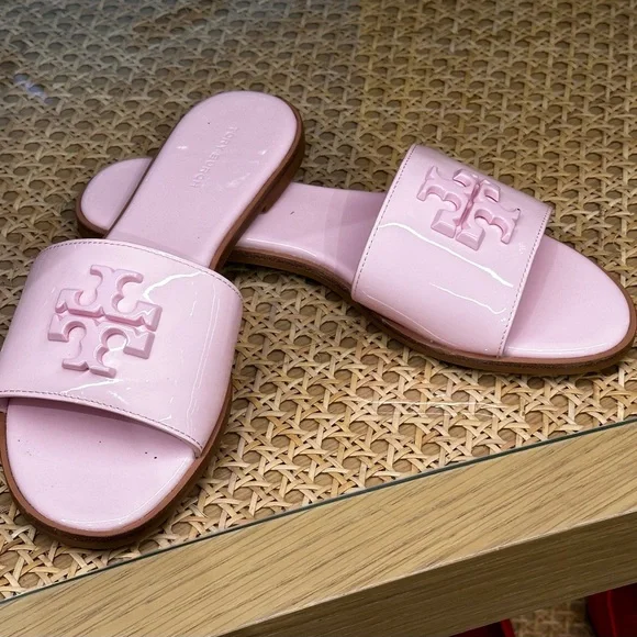 NIB Tory Burch Everly Slide Flat Soft Patent Leather Petunia Pink Sz 8,
